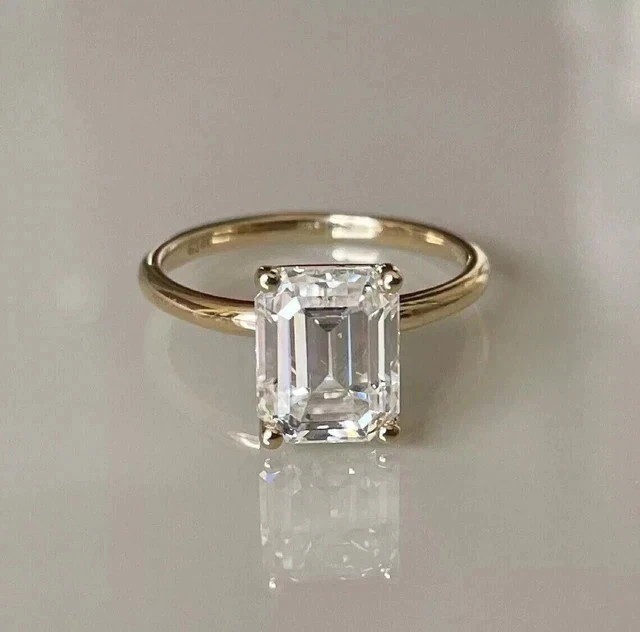 3CT Emerald-Cut VVS1 Moissanite Solitaire Engagement Ring 14K Yellow Gold Plated