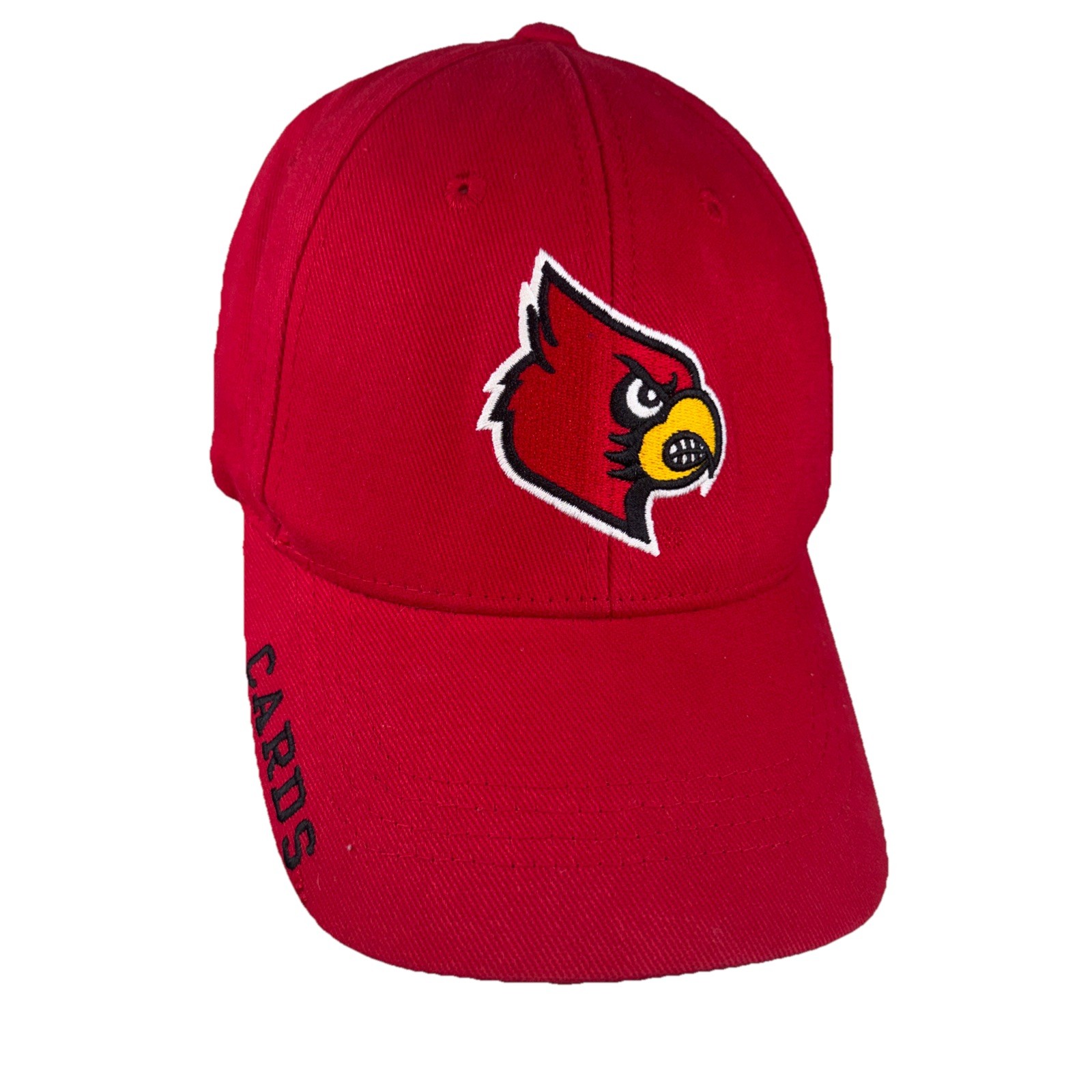 Louisville Cardinals Red Hat Cap w Bird Logo Black CARDS letter on Bill HookLoop