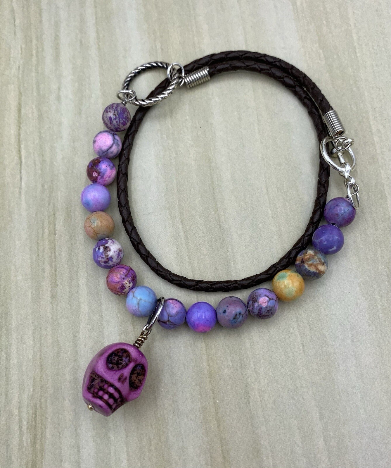 Beaded Leather Skull Wrap Bracelet Handmade Jewelry Silver Tone Spooky Gifts