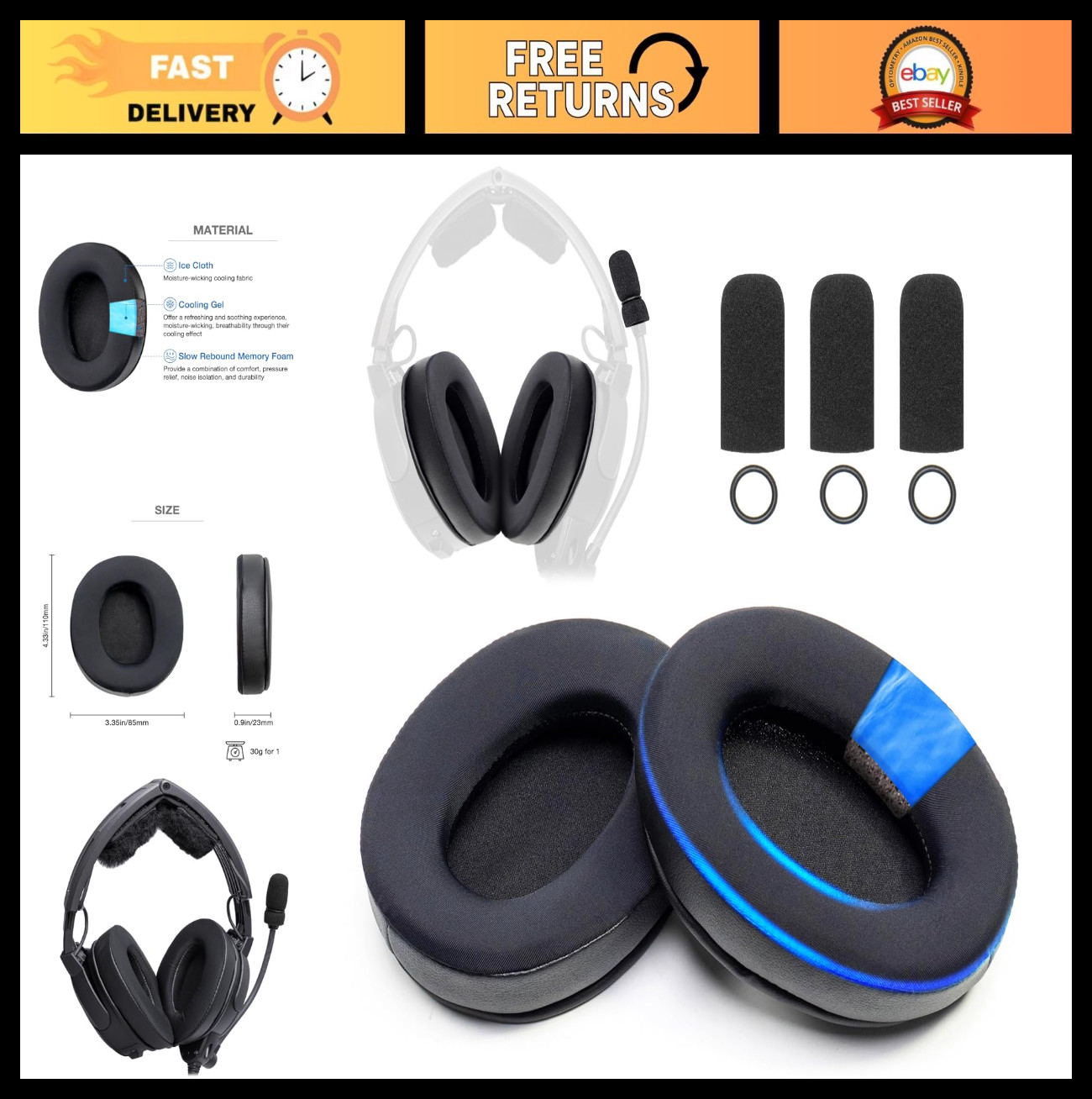 Cooling Gel Memory Foam Ear Pads for Aviation Headsets - 1 Pair & 3 Mic Covers