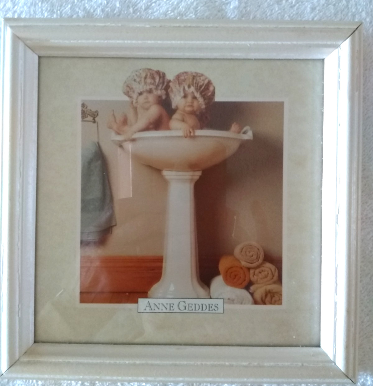 Anne Geddes  "Babies In Handbasin"  Wood Framed Picture 7" X 7"  Bathroom