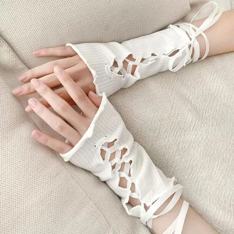New Y2K Lolita Style DIY Gloves Summer Sweet Girl Lace Up Ruffles Arm Sleeve JK