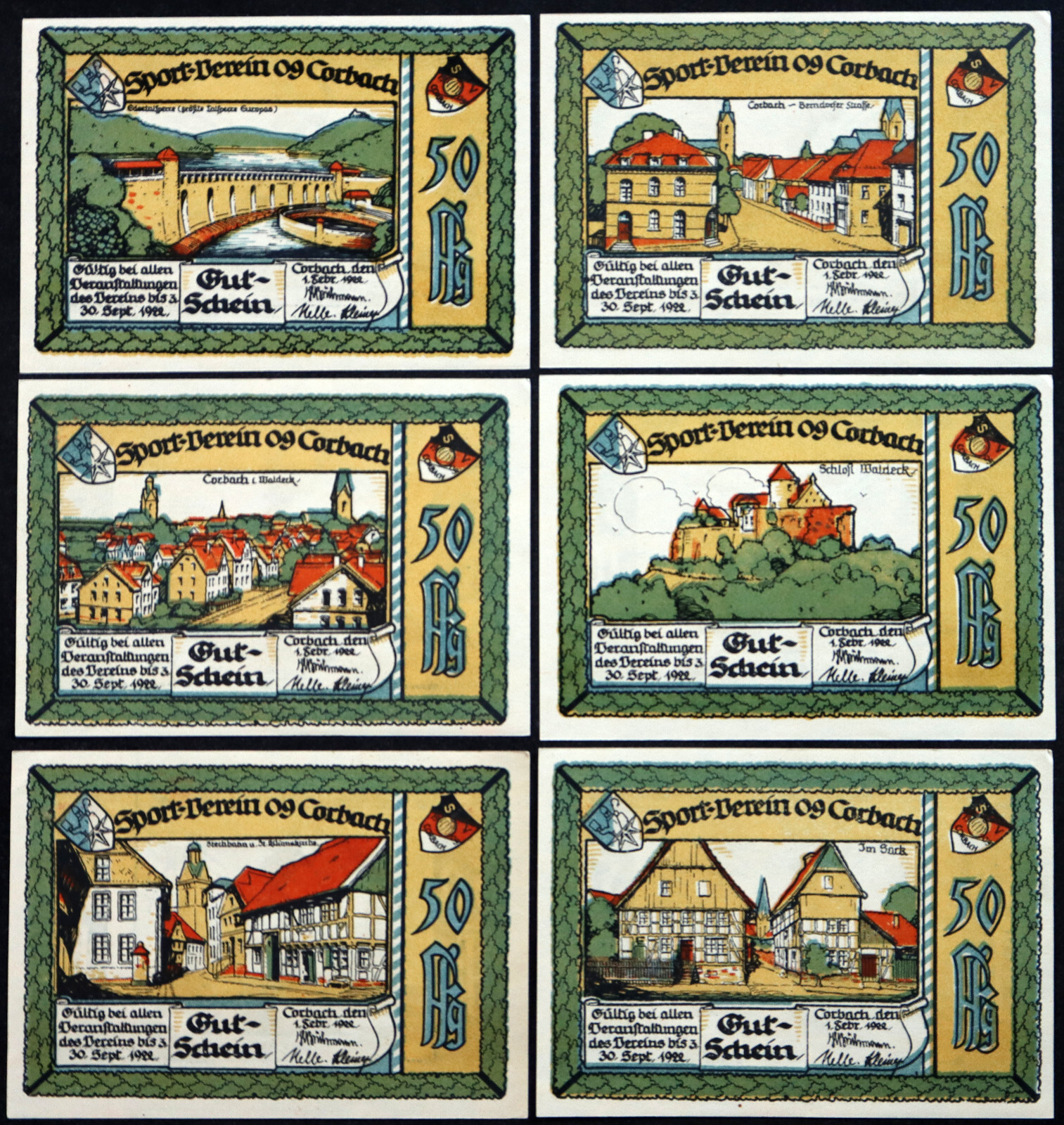CORBACH / KORBACH 1922 "Sportverein 09" 6x50 Pf Complete Set German Notgeld