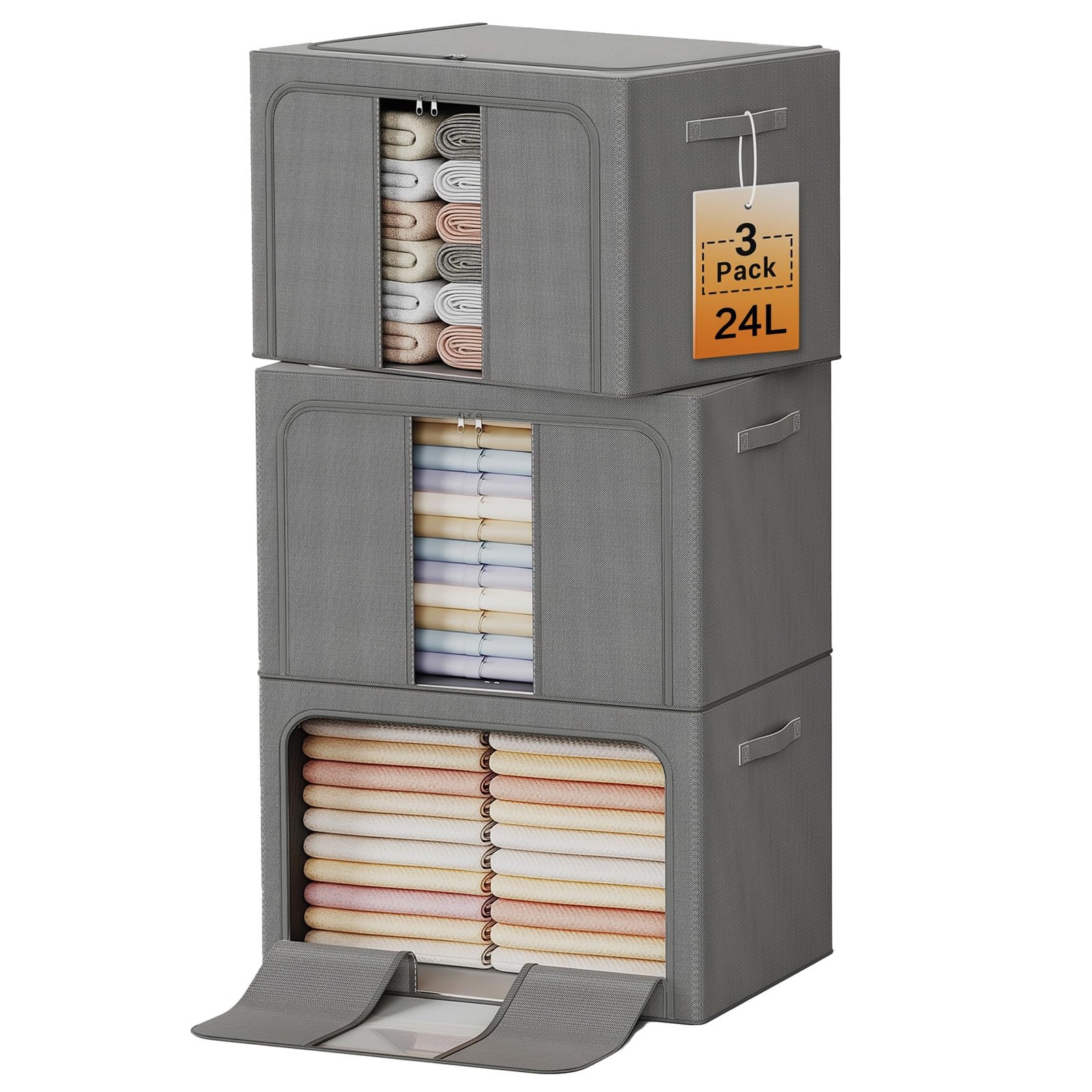 Clothes Storage Bins with Metal Frame, Foldable Clothes Organizers Storage Co...