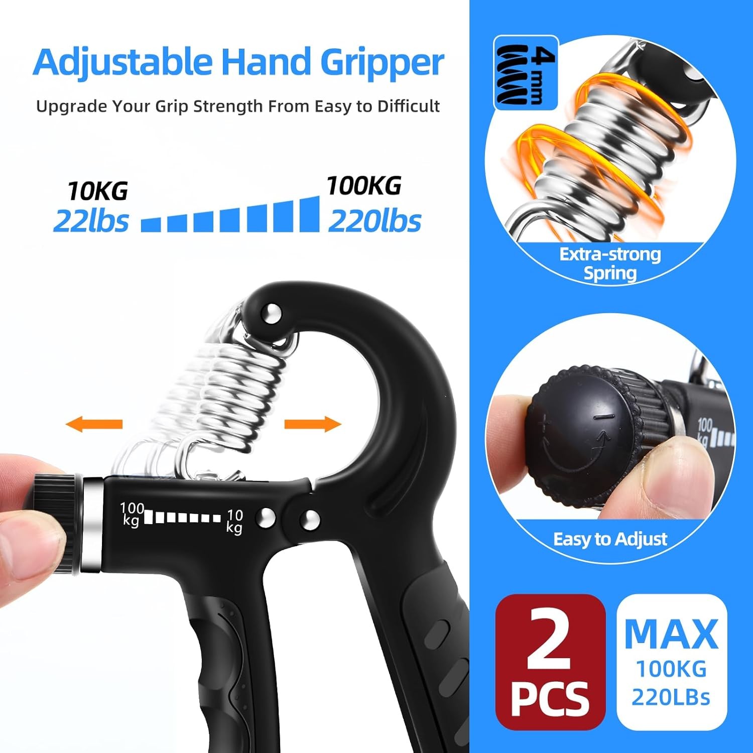 2PCS Grip Strength Trainer with 22-220Lbs (10-100kg) Adjustable Resistance, Hand