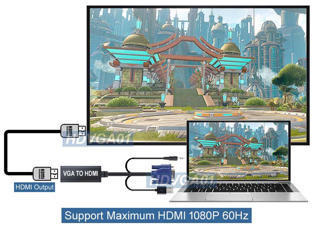 VGA + 3.5mm Audio To 1080P HD Converter For Laptop TV Projector - USB Powered
