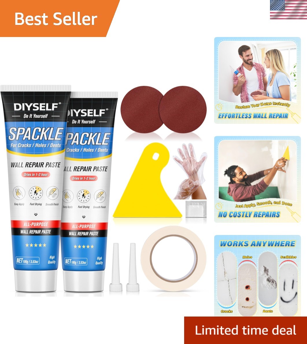 Professional-Grade 9 Pack Drywall Repair Kit - Fast-Drying Spackle & Handy Tools