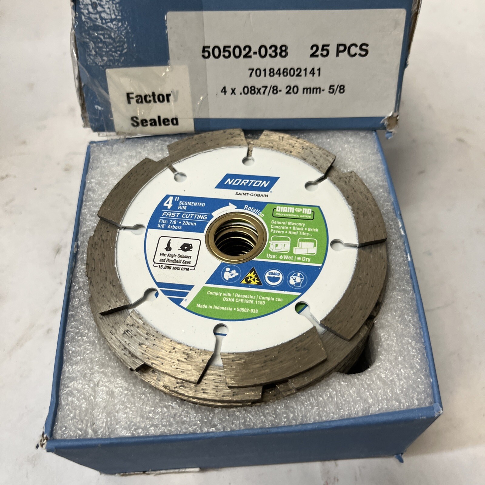 NORTON 50502-038 4" Segmented Rim Wet / Dry Blade Fast Cutting Box Of 25