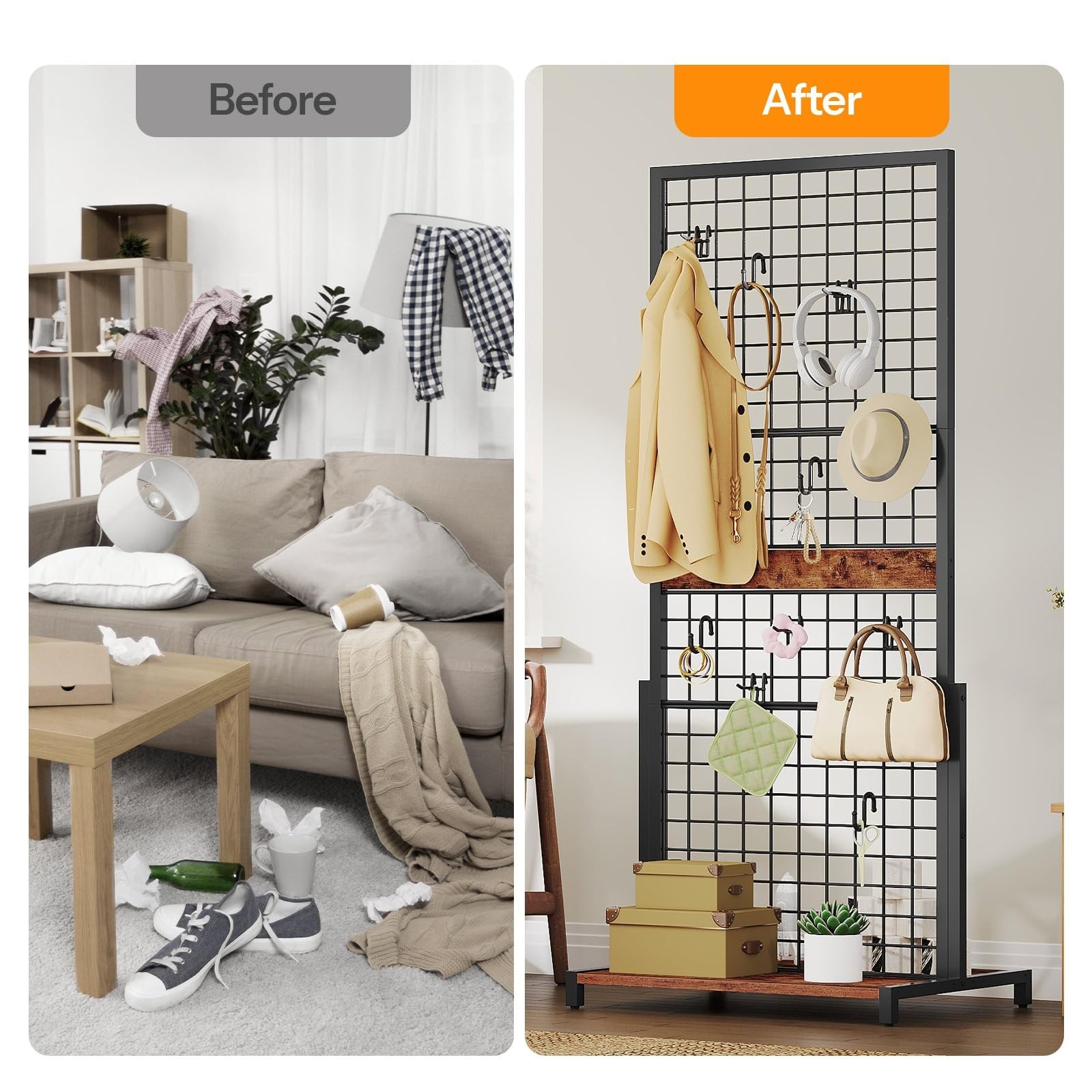Movable Grid Display Rack 5.6' x 2.1' Ft, Wire Panel Stand with Hooks for Storag