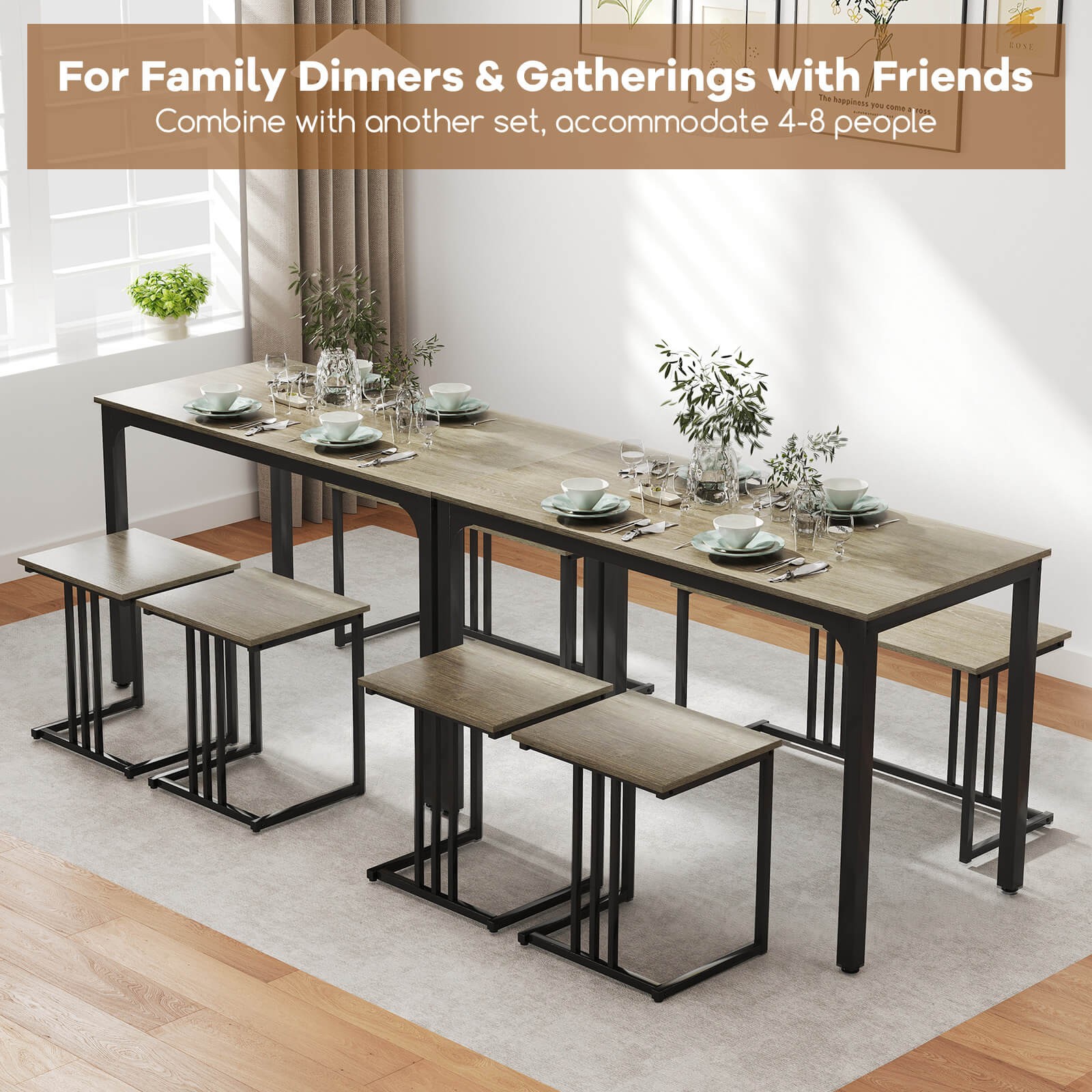 4-Piece Dining Table Set Industrial Kitchen Table Set W/ Bench & 2 Stools for 4