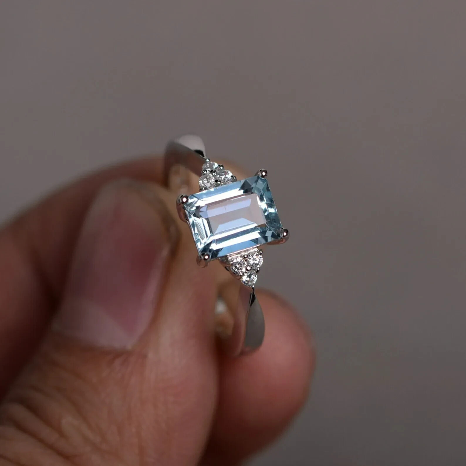 Natural Aquamarine Ring 925 Sterling Silver Emerald Cut Aquamarine Ring For Her