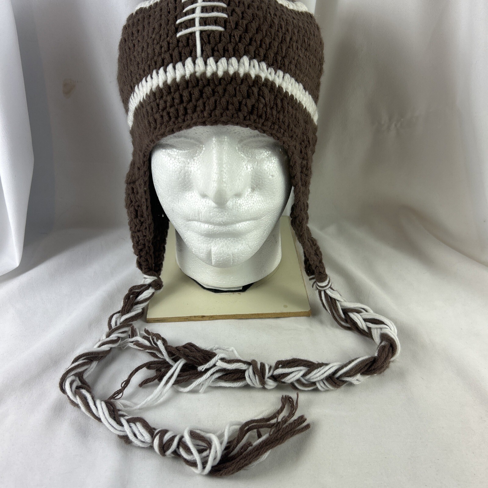 Handmade Crochet Football Hat With Braided Tassels Brown White Adult One Size