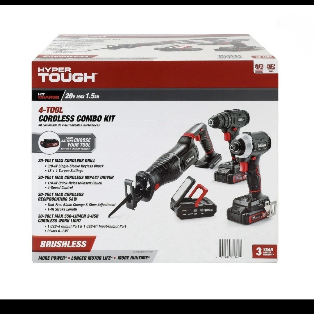 Hyper Tough 20V 4-Tool Cordless Combo Kit Drill Driver Saw Light Charger New Box