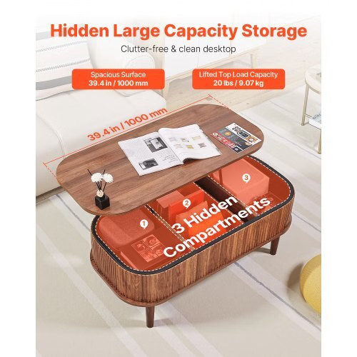 39.4 in Lift Top Coffee Table, Fluted Oval Coffee Table with 3 Hidden Compartmen
