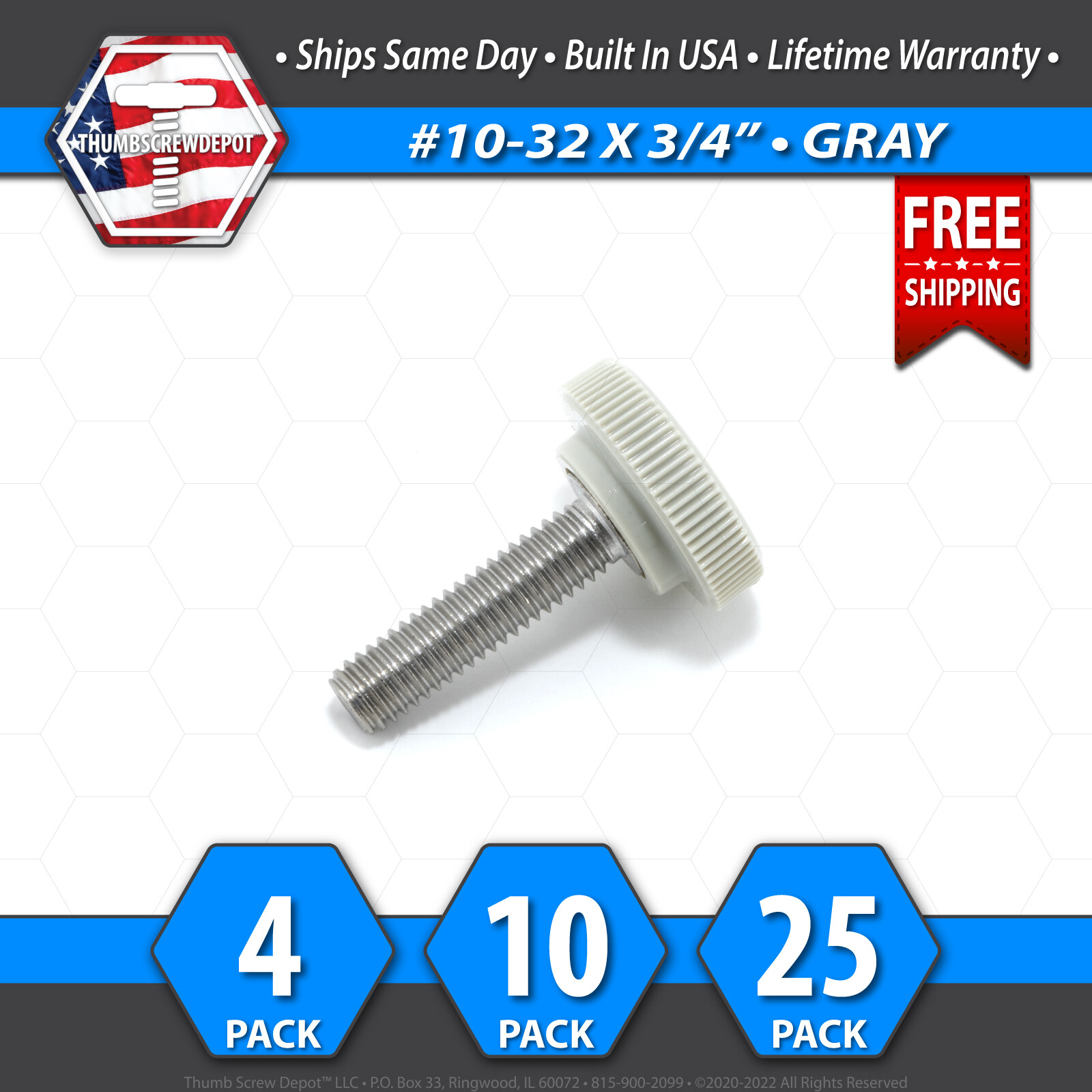 #10-32 x 3/4" Thumb Screw Stainless Steel - Gray Round Knurled Knob - USA