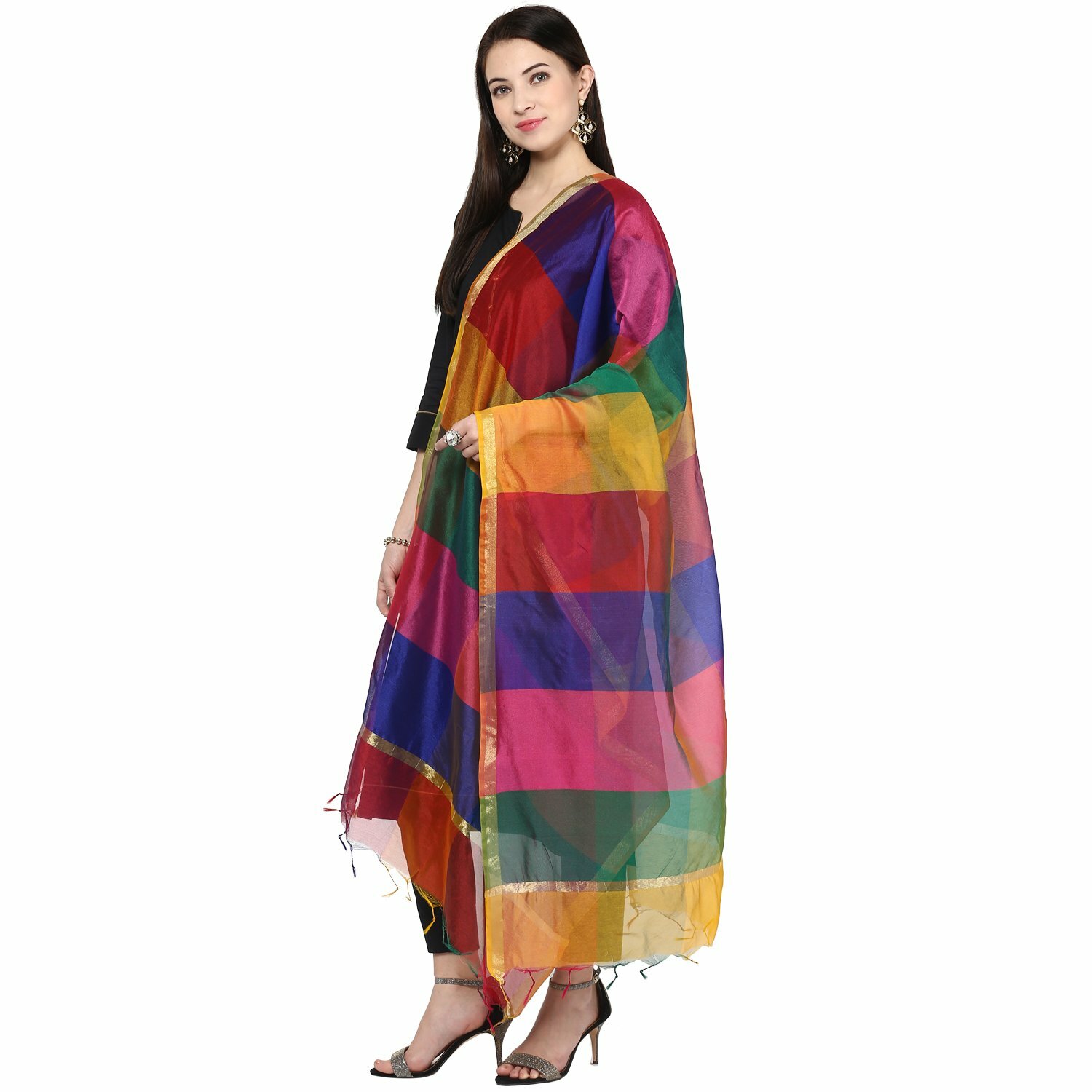 Women Multicolor Silk Dupatta Stole Scarf Party Wear Chunni Ethnic Dress
