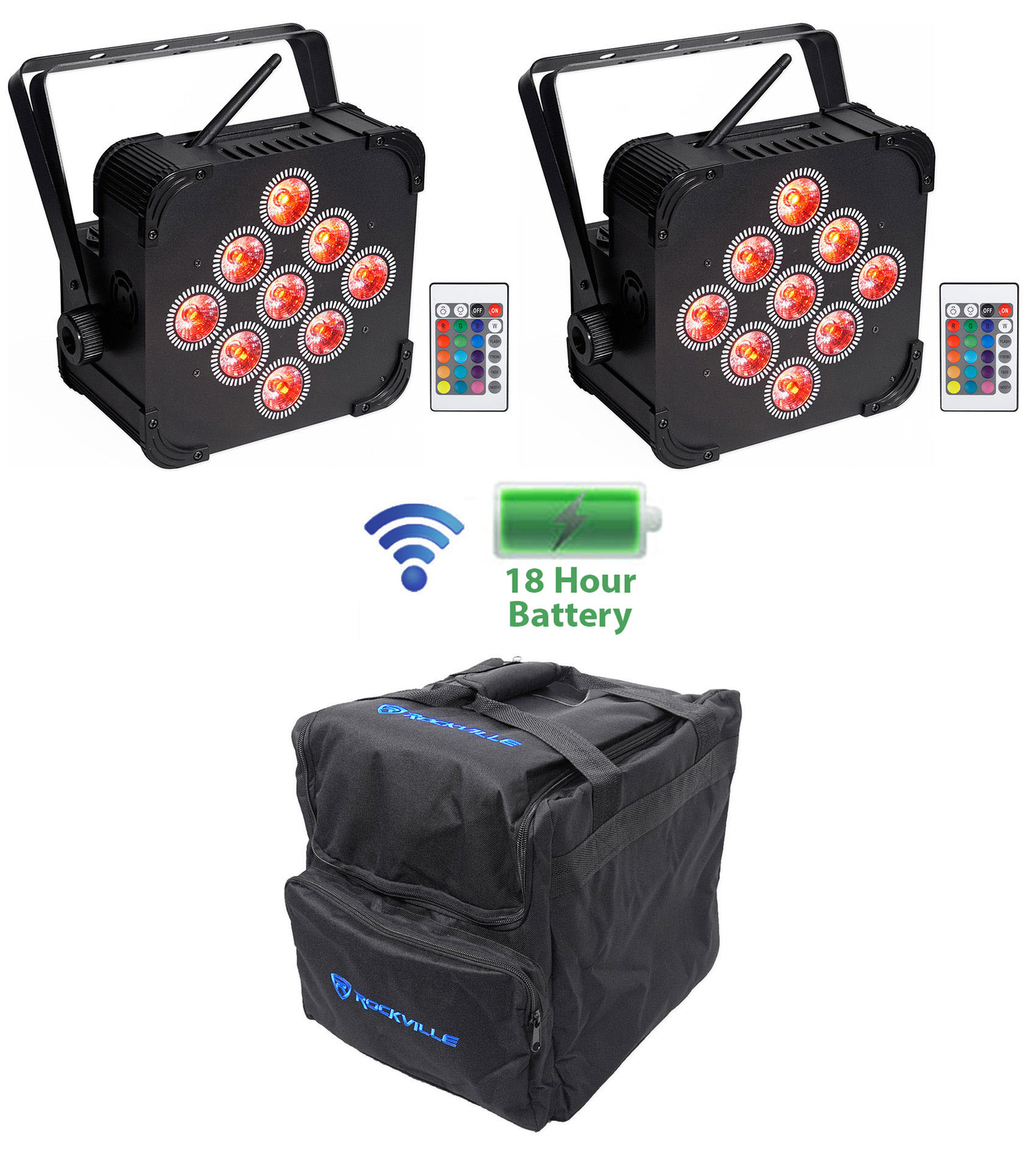 (2) Rockville BEST PAR 60 Rechargeable Wash Lights w/ Wireless DMX+RGBWA+UV+Bag