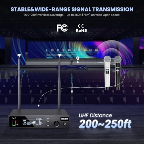 BASN UHF Dual Channel Wireless Microphone System - Handheld Mics for White-Black