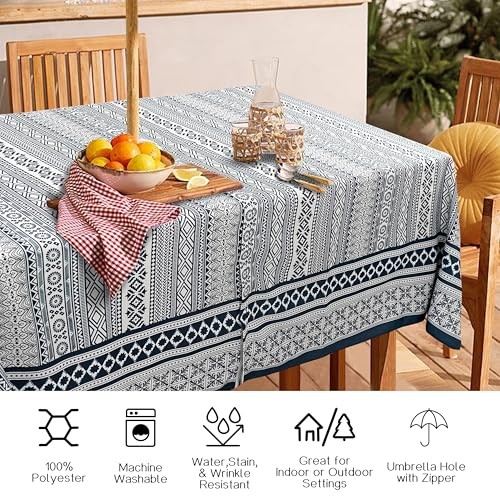 Outdoor Tablecloth with Umbrella Hole and Zipper, 84" x 60" (Rectangular) Boho