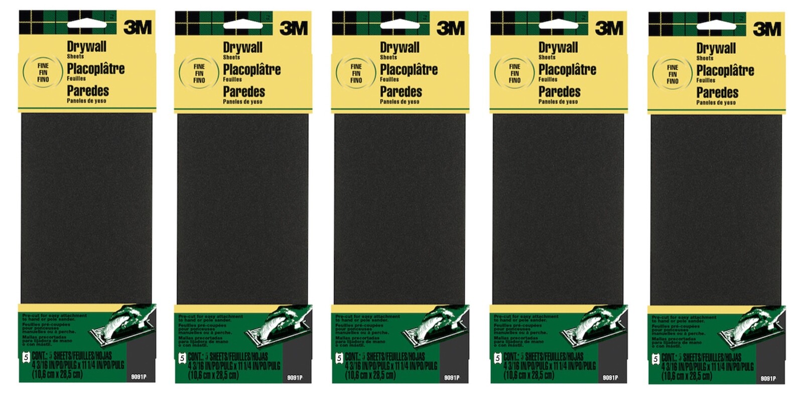 3M 5 Packs of 5 (25 Sheets) 9091P 4-3/16" x  11-1/4" Fine Drywall Sanding Sheets
