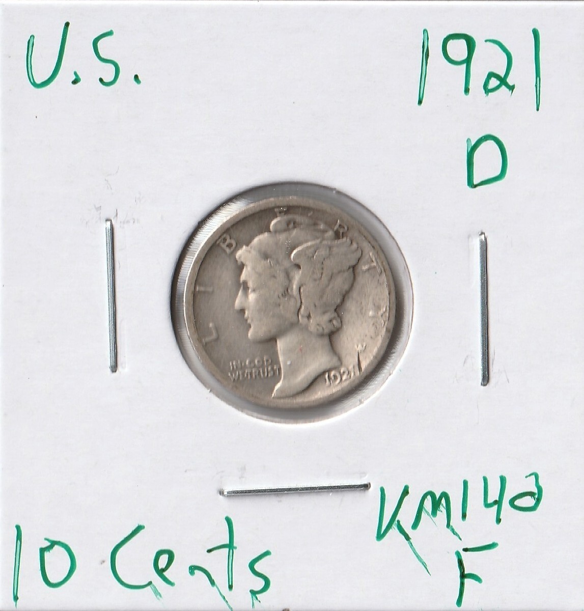 Coin United States 10 Cents (Mercury) 1921 D KM140, silver