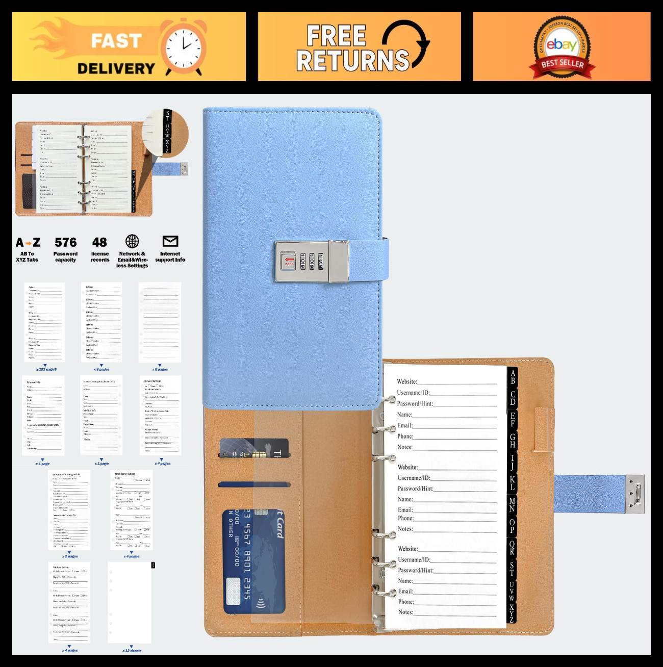 Refillable Password Book Binder with Lock & Tabs, 576 Passwords, Large Print, Bl