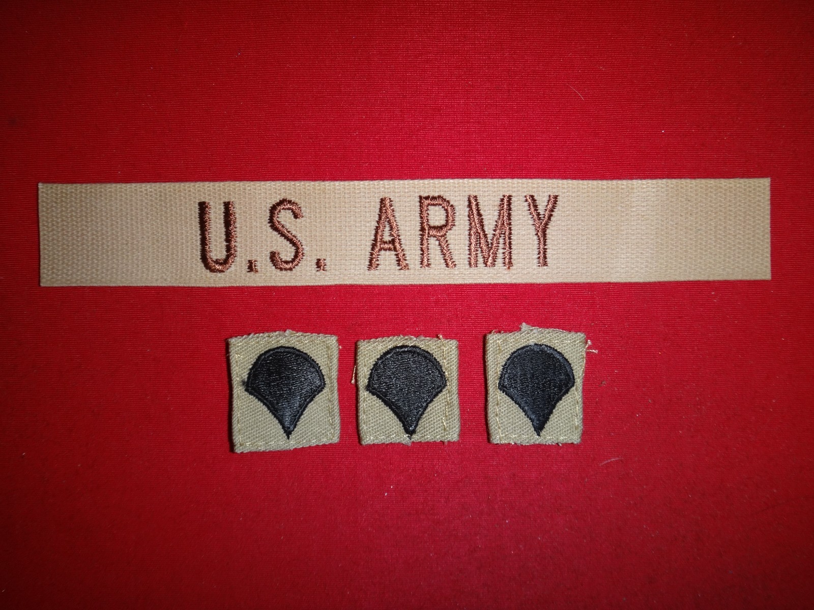 4 US Army Desert Tan Patches: US ARMY Pocket Tape + 3 PRIVATE 1st Class Rank