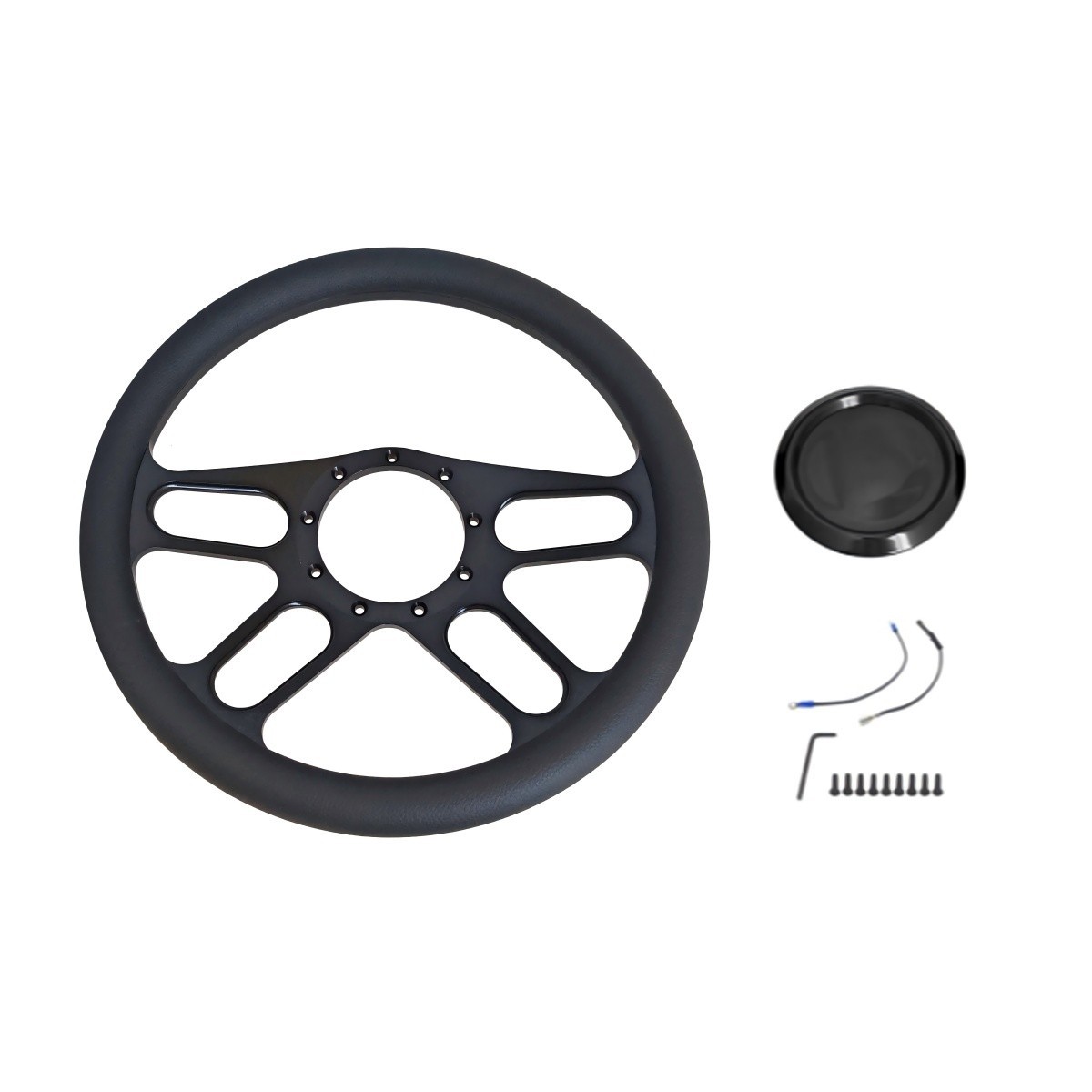 GM Chevy 14'' Black Aluminum 9 Bolt Hole Steering Wheel Half Wrap w/Horn Button