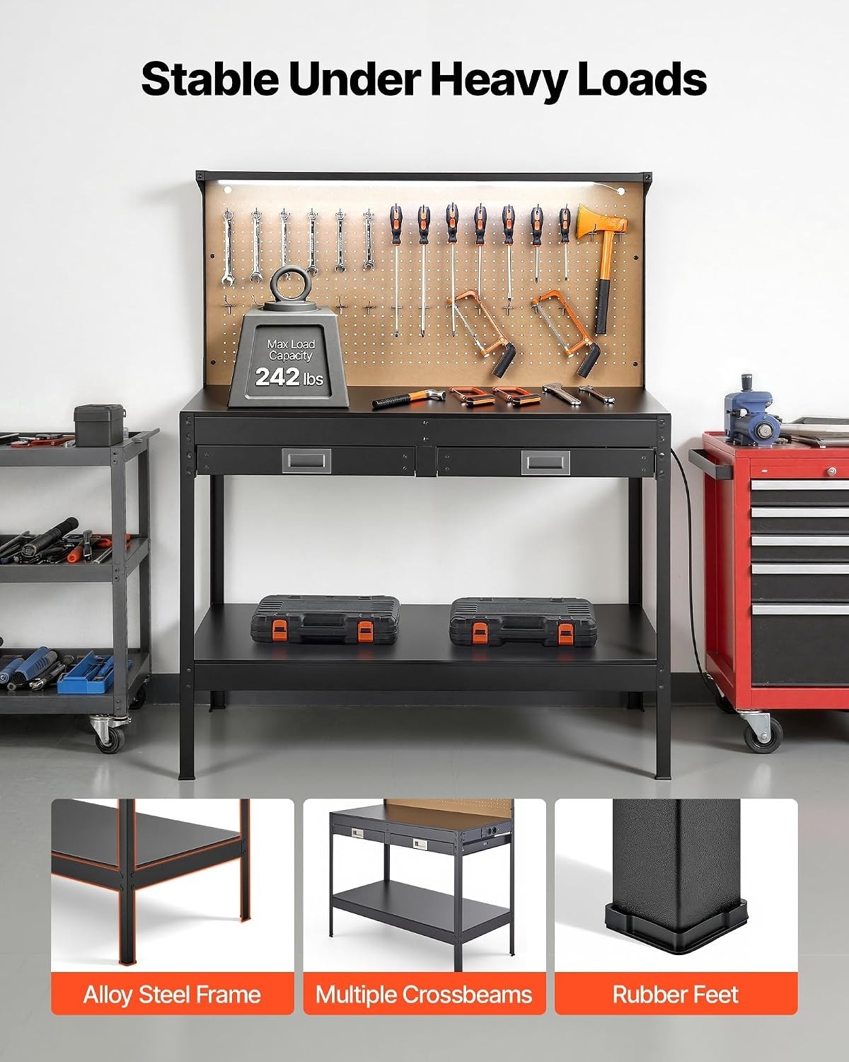 Robust 47.2-Inch Workbench with Drawers, AC Outlets & USB for Enhanced Workspace