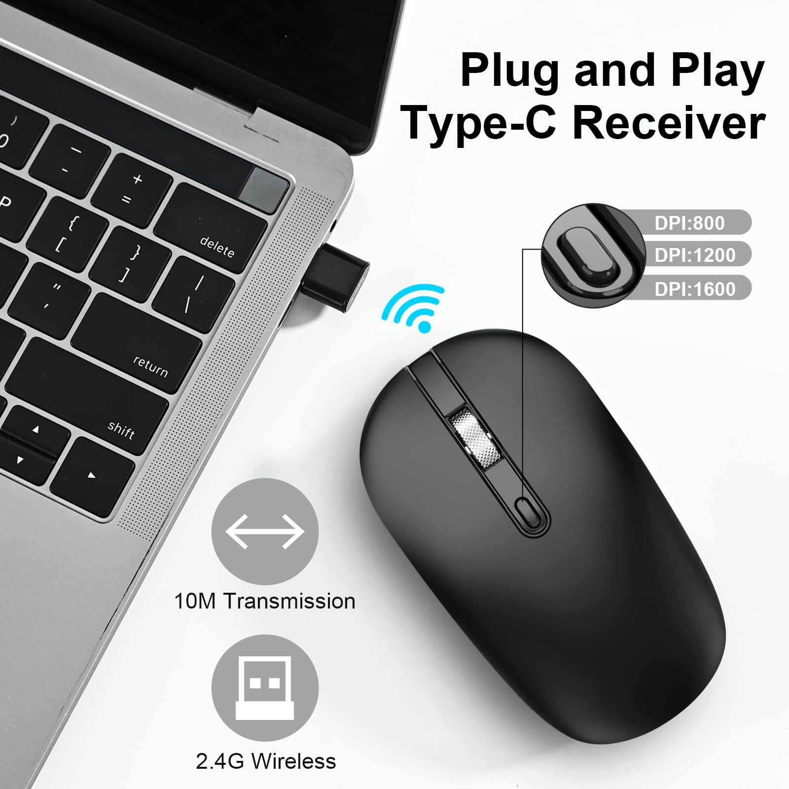 Type C Wireless Mouse, USB C Mice 2.4G Silent Cordless with Type C Receiver, ...