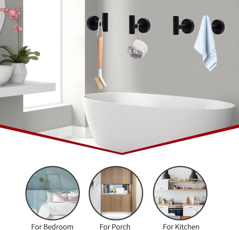 Bathroom Hardware Set, 5 Pc, 16" Black, Towel Bar Ring Holder, Robe Hooks