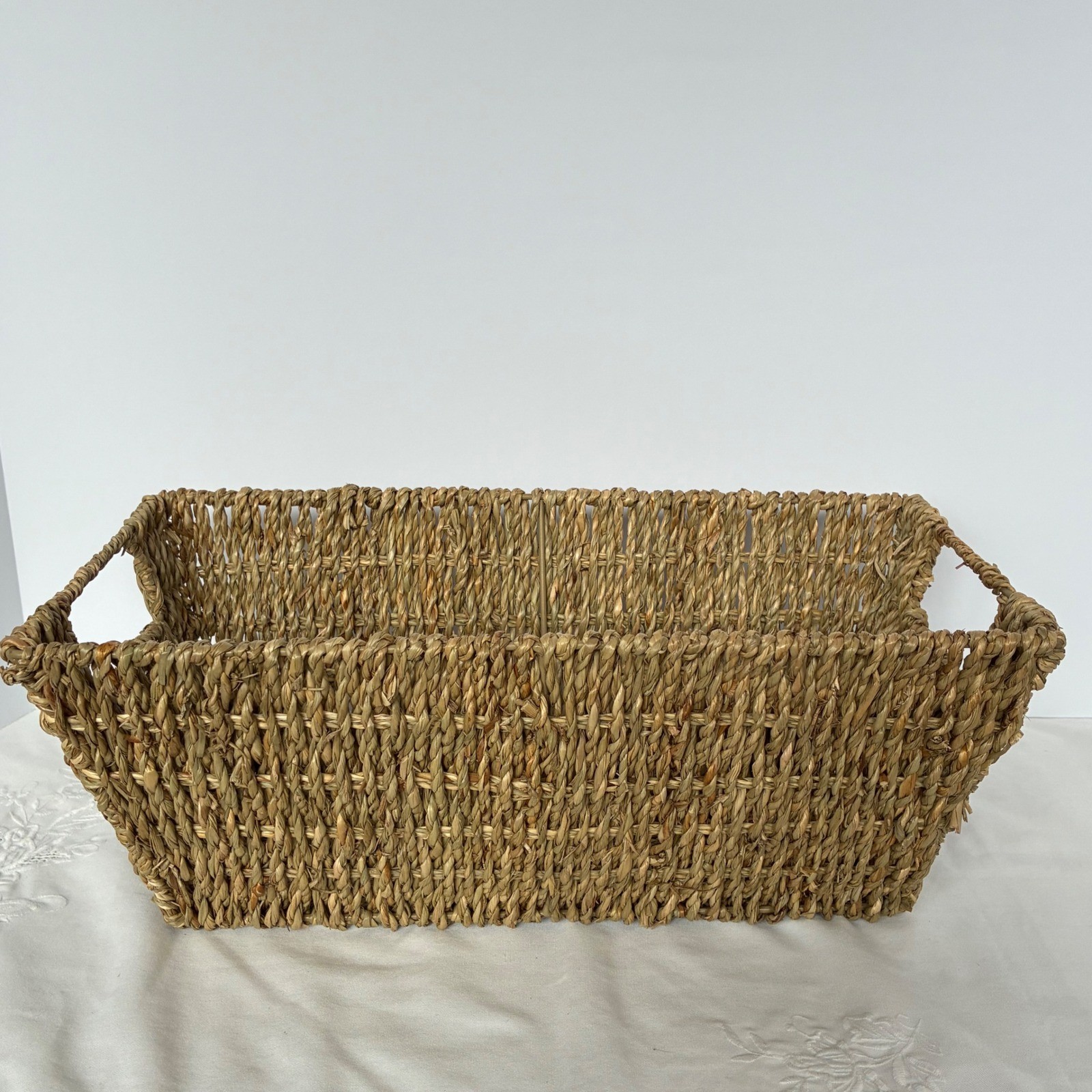 Seagrass Storage Basket Natural Tan Woven Rectangular Bin Handle Coastal Rustic