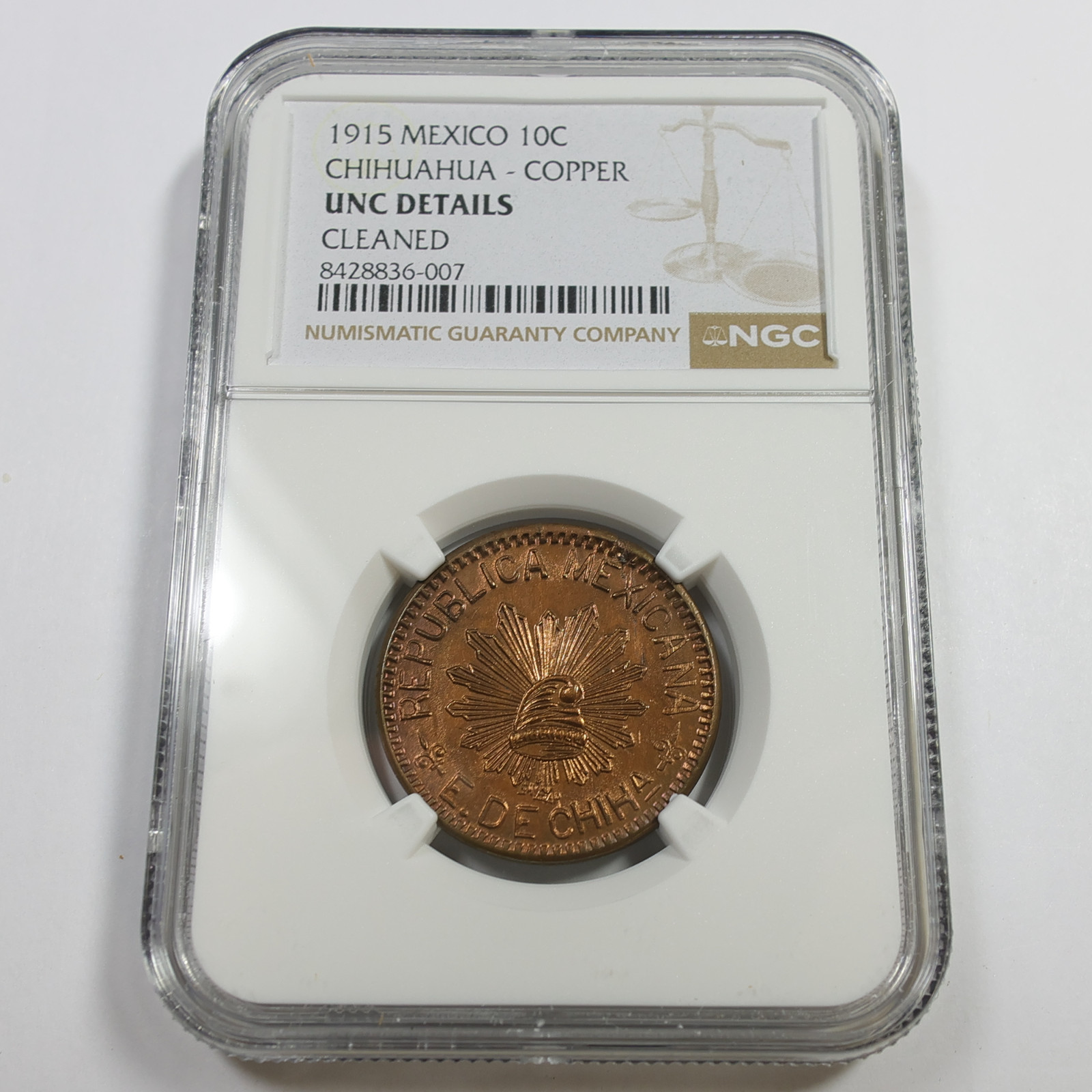 1915 NGC UNC Details - Chihuahua Mexico Copper 10 Centavos 10c Coin #58832A