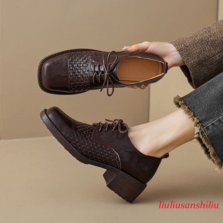 Womens Fashion Leather Square Toe Weave Lace Up Mid Heel Oxford Brogue Shoes B5