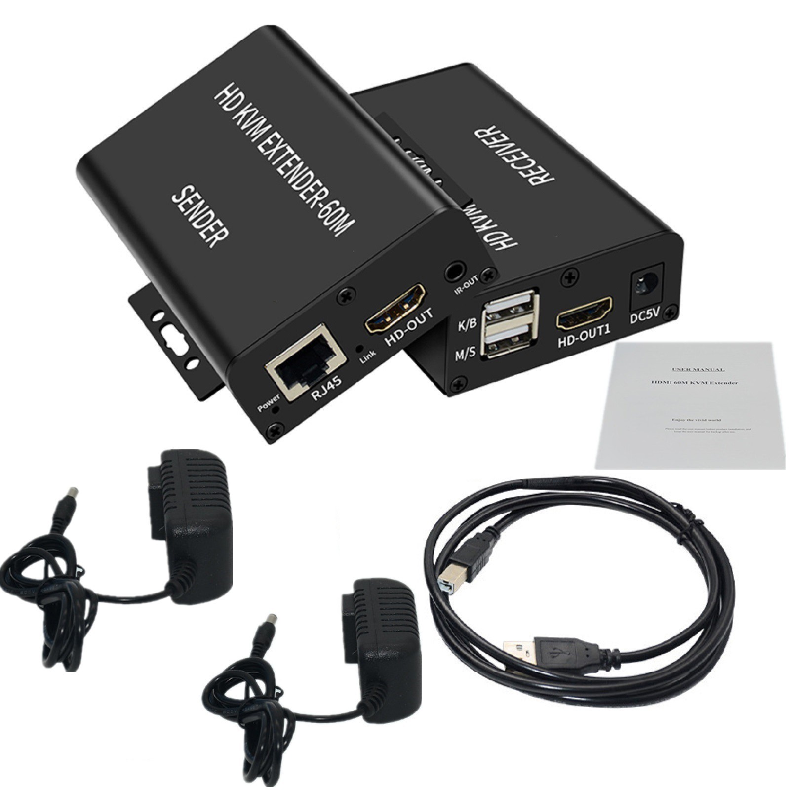 60M Video Extension Hub Adapter HDMI KVM USB-A RJ45 Lan Ethernet Extender