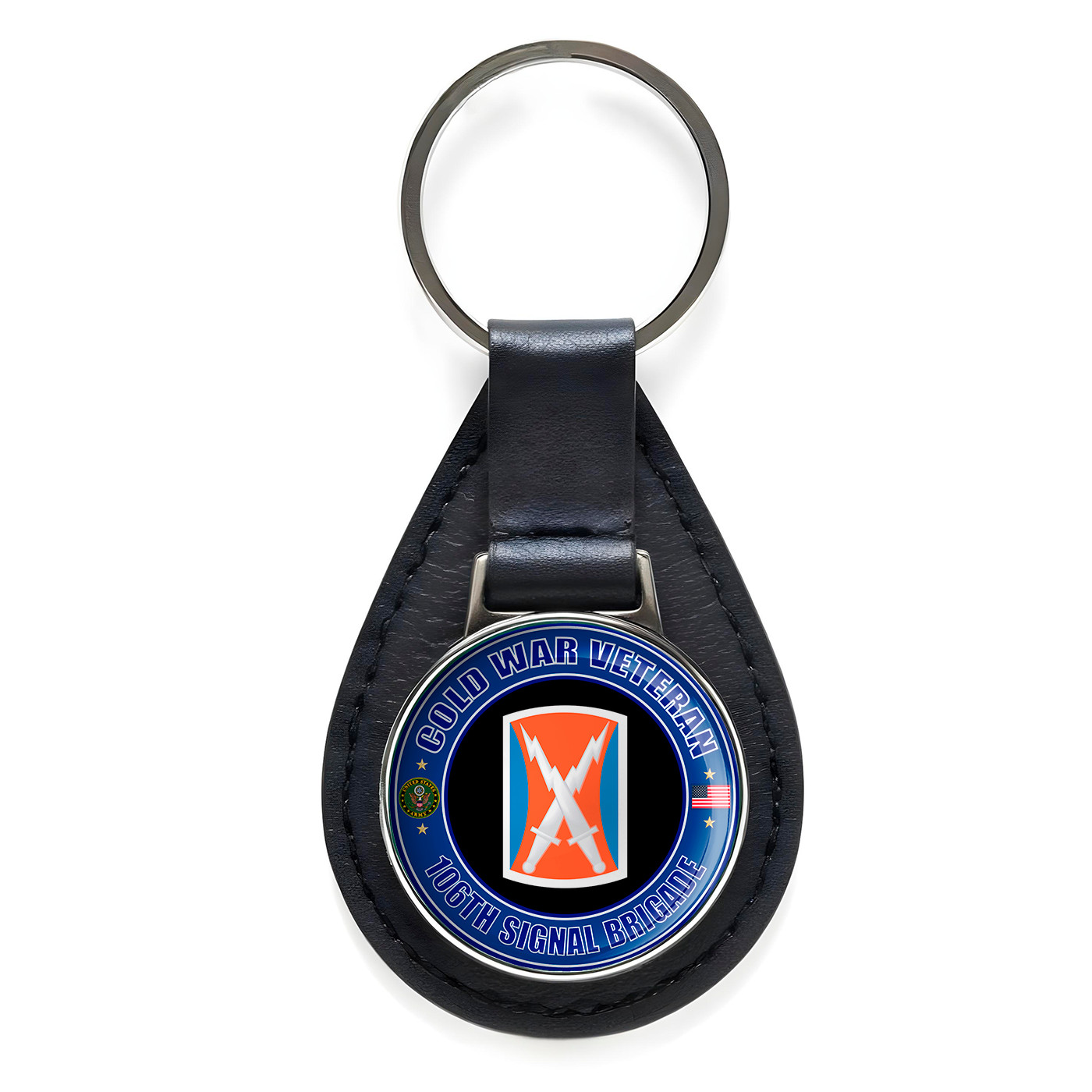 Cold War Veteran 106th Signal Brigade Black Leather Keychain Silver Keyring