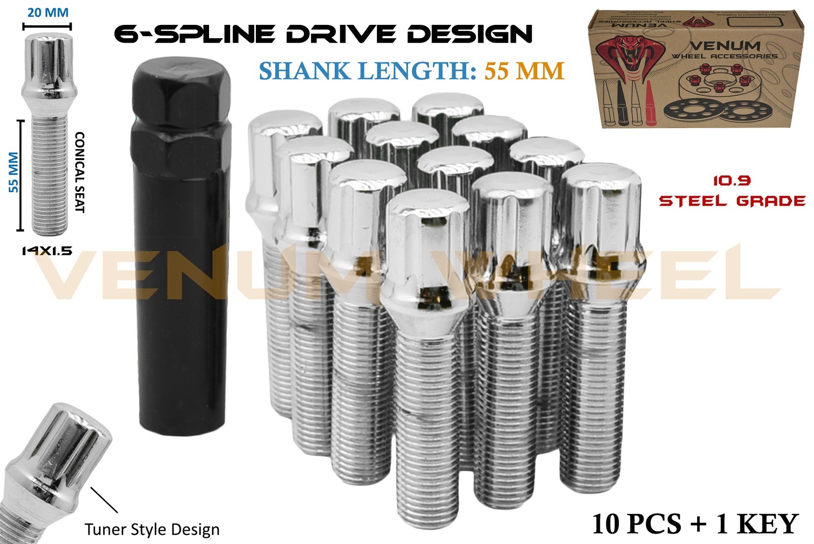 (10) 14x1.5 | 55mm Extended Shank | Chrome Spline Tuner Lug Bolt Replacement Kit