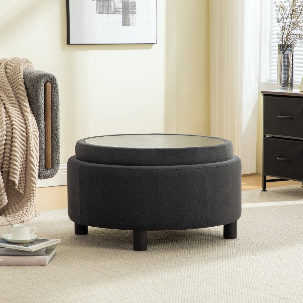 29.33inUpholstered Round Ottoman With Reversible Lid Fleece Fabric Storage Stool