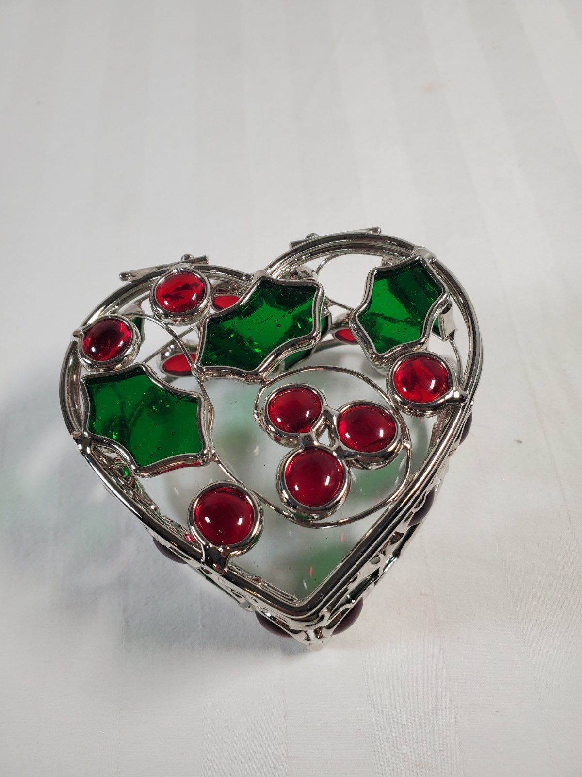 Beautiful Heart-shaped Stained Glass Christmas Holly And Berry Trinket Box
