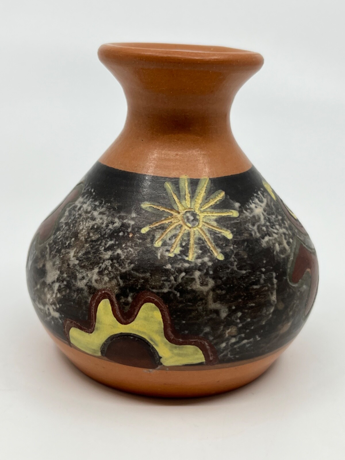 Peruvian Studio Pottery Vase/Jug Seminario 3.5" Flowers & Sun Marked