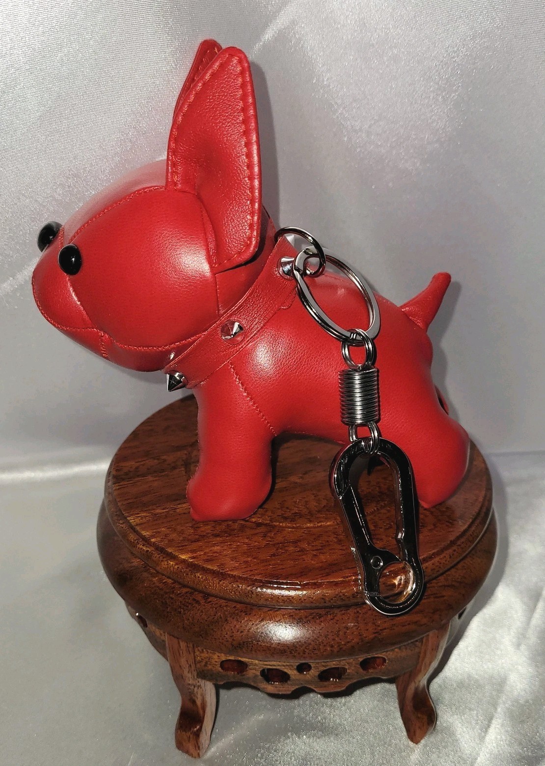 French Bulldog Bag Charm Keychain Vibrant Red Faux Leather Studded Collar