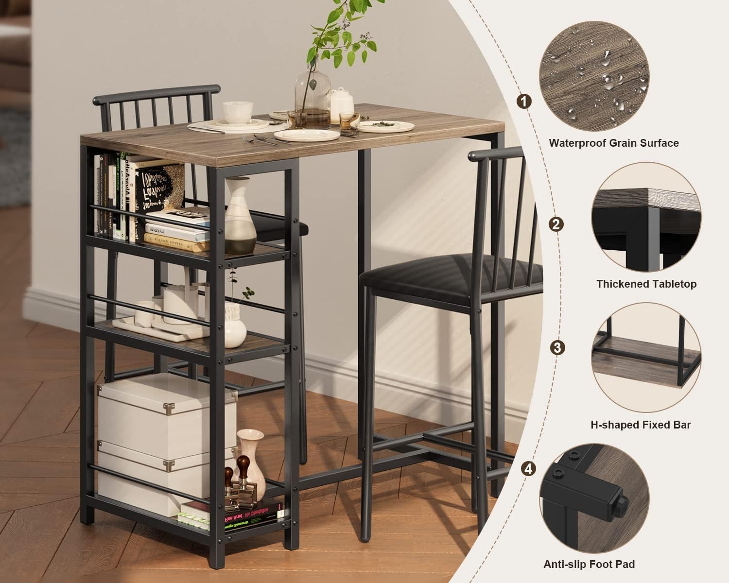 3-Piece Bar Dining Table Set 2 Kitchen Table w/Shelves Grey Space-saving grey