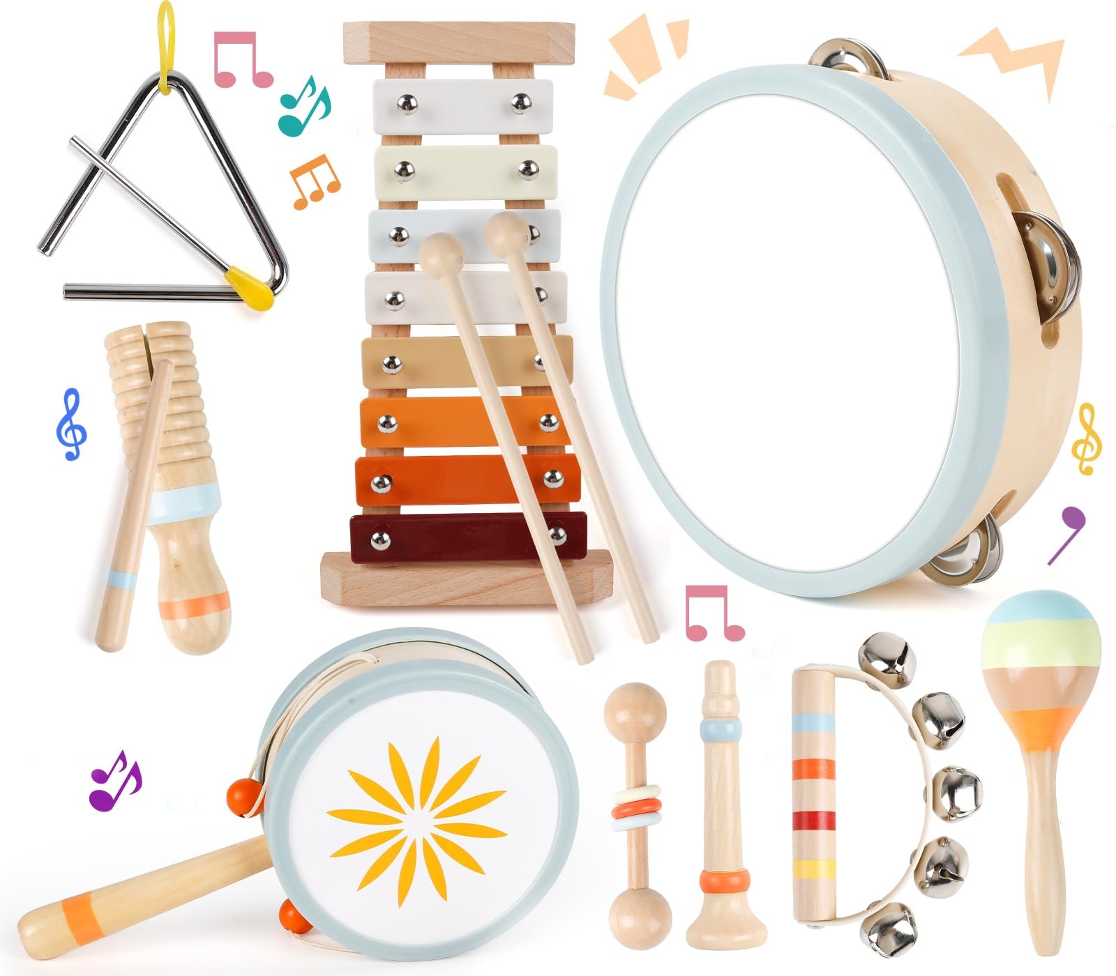 Wooden Musical Instruments Set, 9PCS Montessori Toys, Baby Toys with Xylophon...