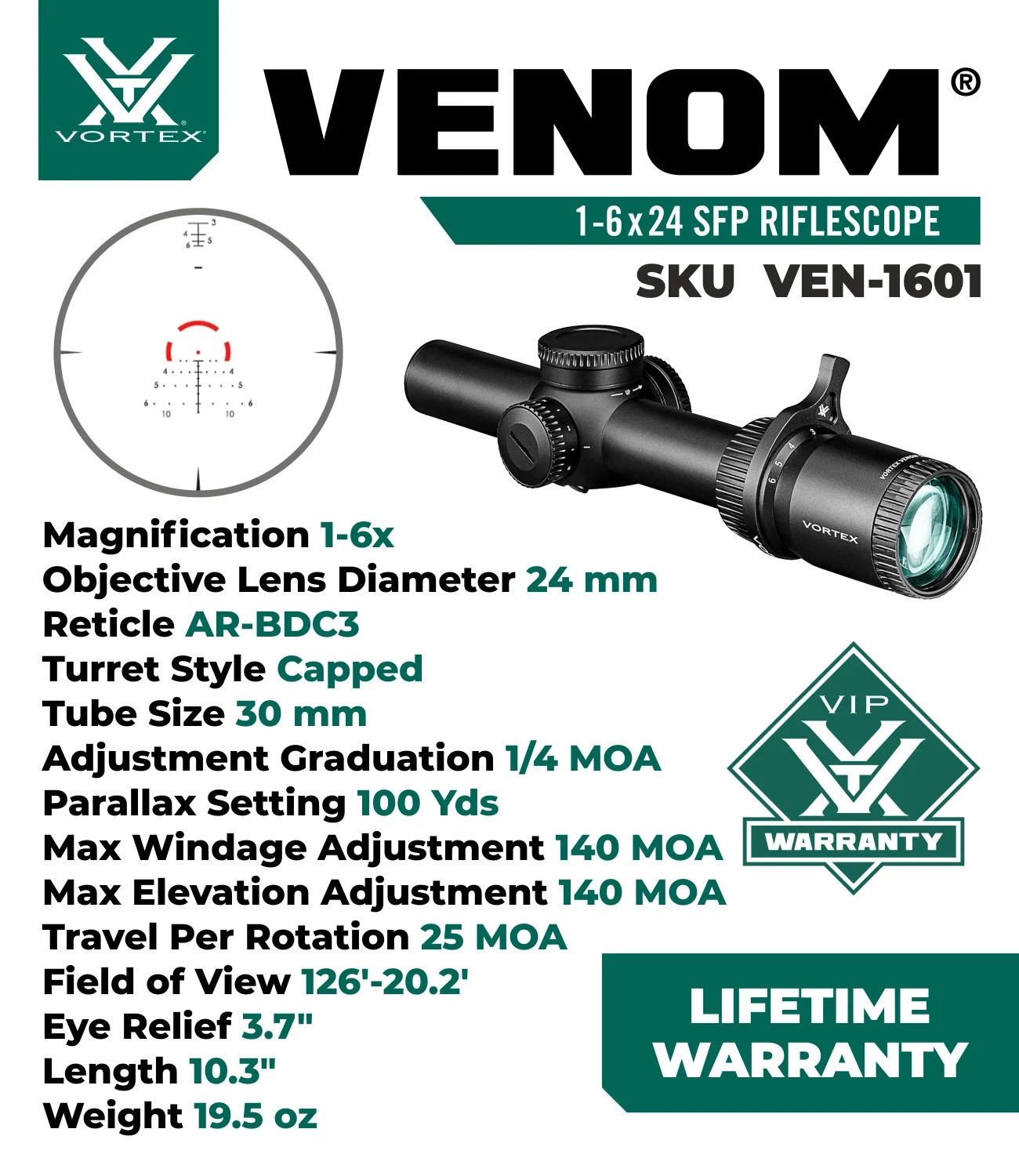 Vortex Optics Venom 1-6x24 Second Focal Plane Riflescope - BDC3 Reticle