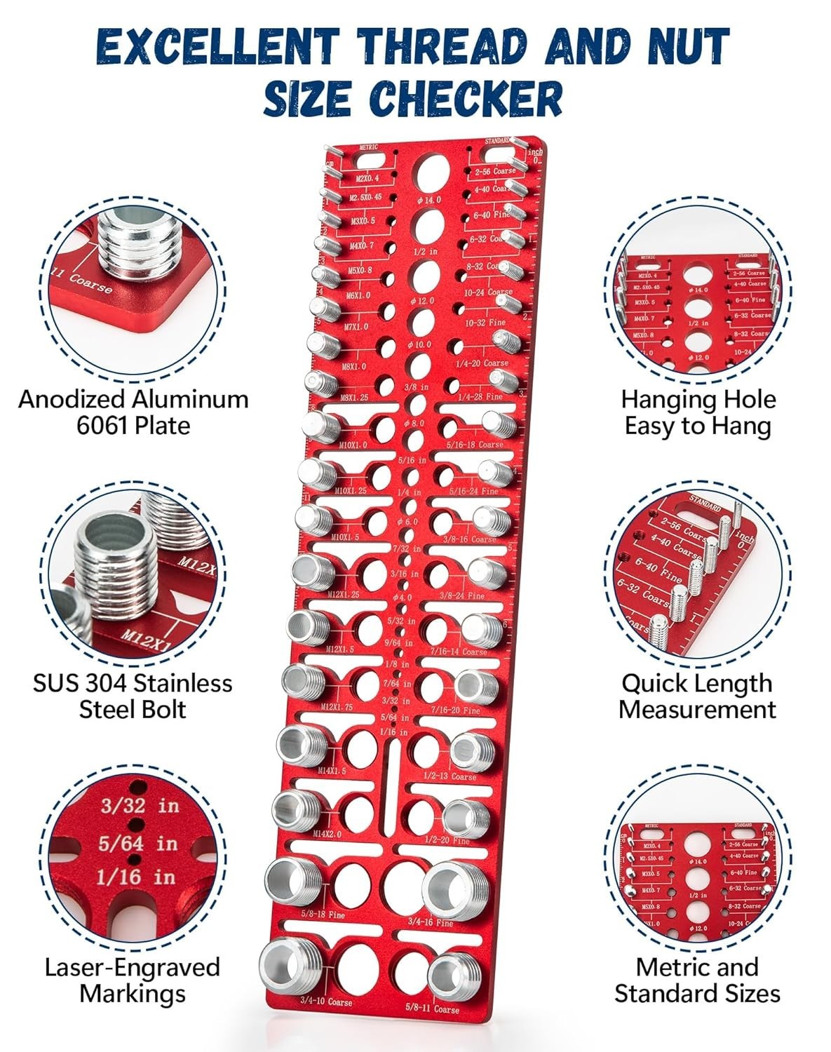 57 Nut and Bolt Thread Checker Thread Checker Standard and Metric Bolt...