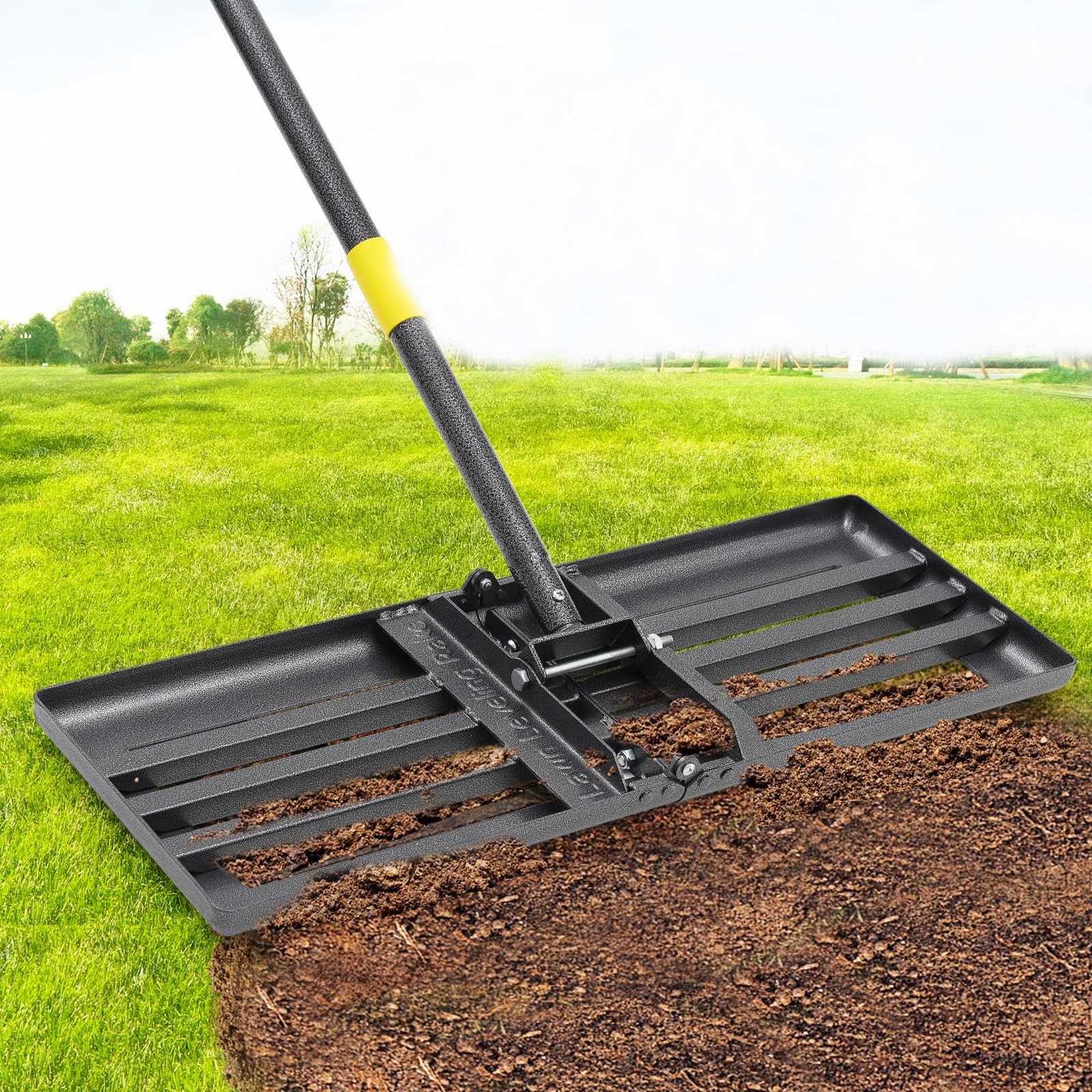 Lawn Leveling Rake with 30"x10" Curved Plate and 72" Long Handle Tool