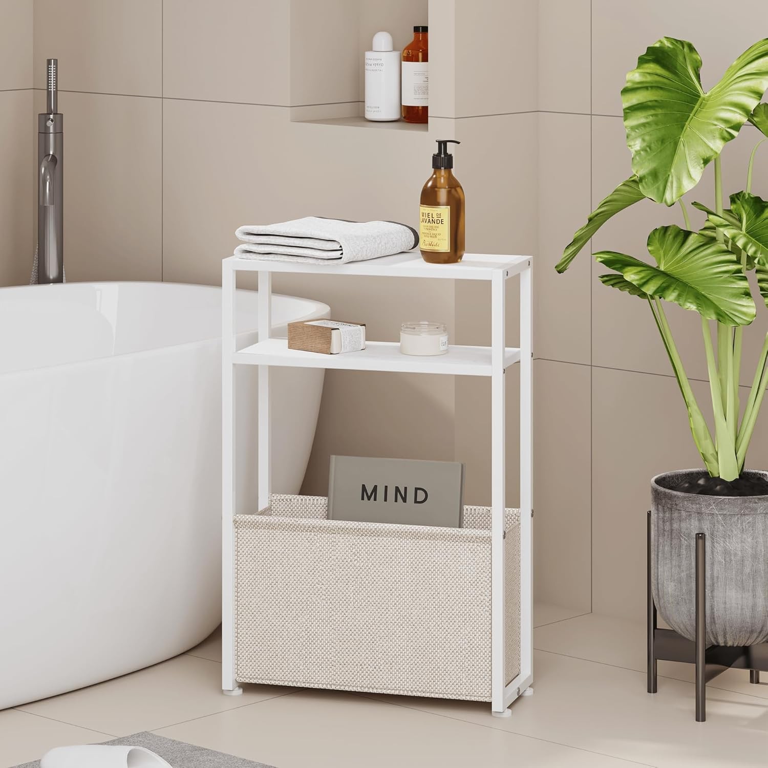 Narrow Side Table Durable Slim End Tables W/ Fabric Basket Table Small Spaces US