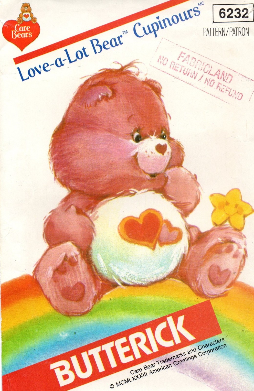 Butterick Crafts Sewing Pattern 6232 Stuffed Toy Teddy, Love-a-Lot Care Bear 17"