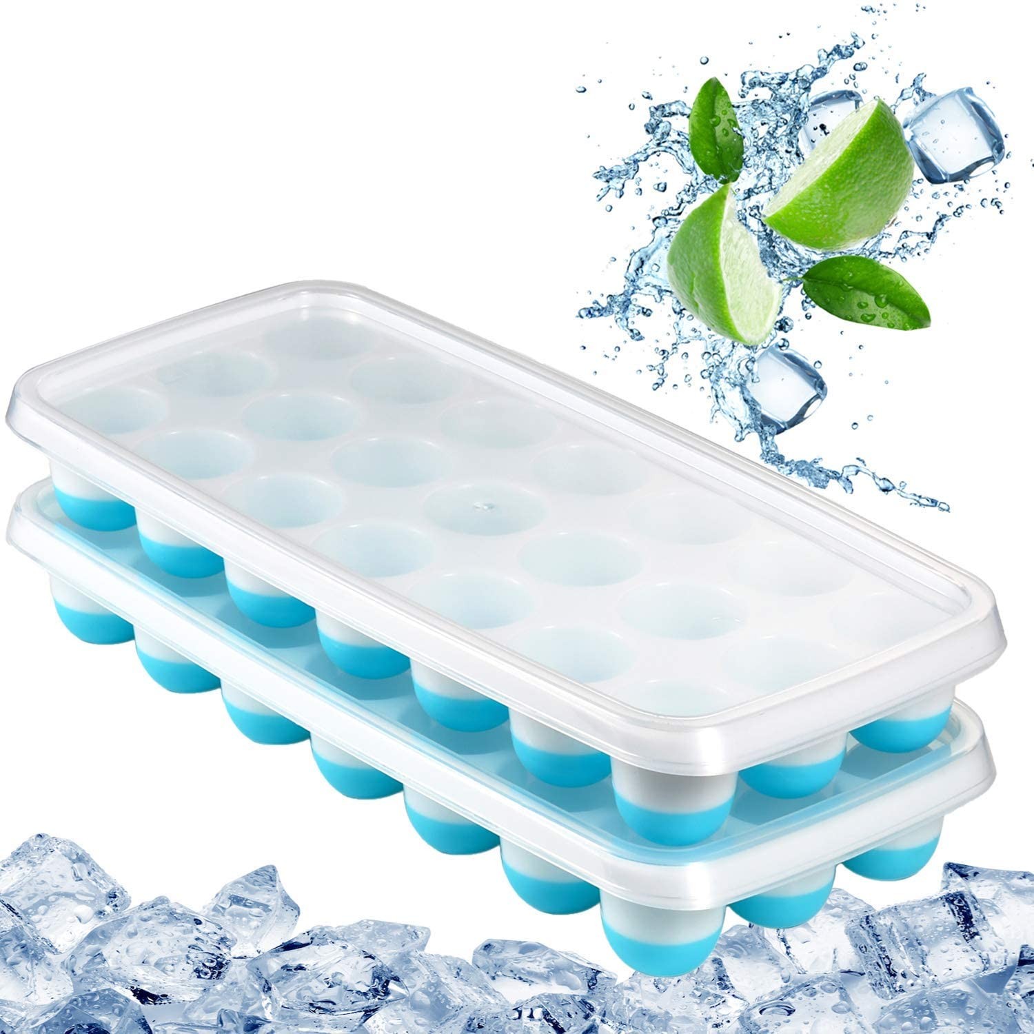 Ice Cube Trays Easy Release-Odor free,Spill Resistant Lid Included,2 Pack, Sm...