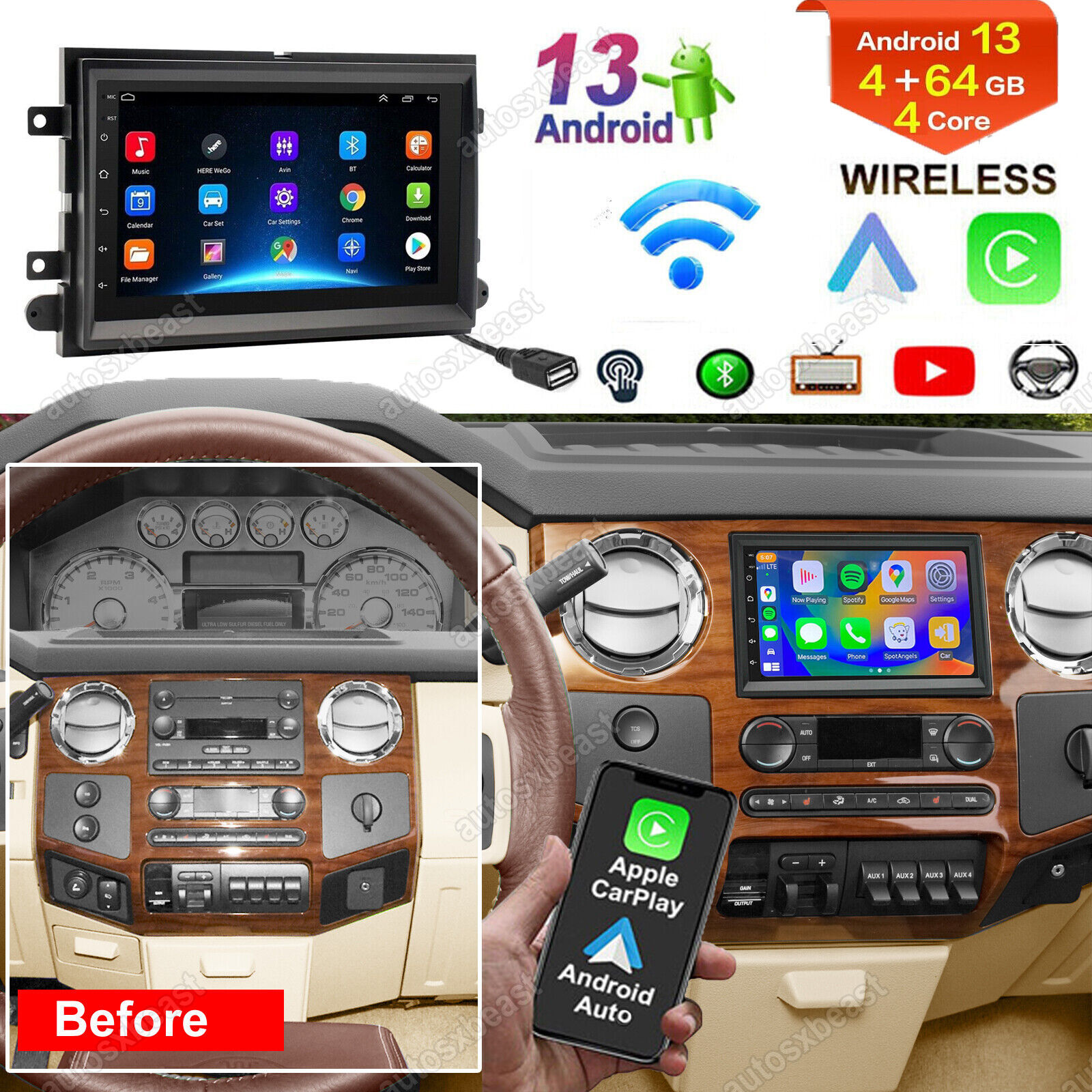 For F-250 F-350 F450 Super Duty Android 13 Apple CarPlay Car Stereo Radio GPS